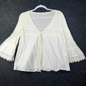 VTG 90s Cottagecore Y2K Top White Lace Trim Button open Coquette Boho Small/med